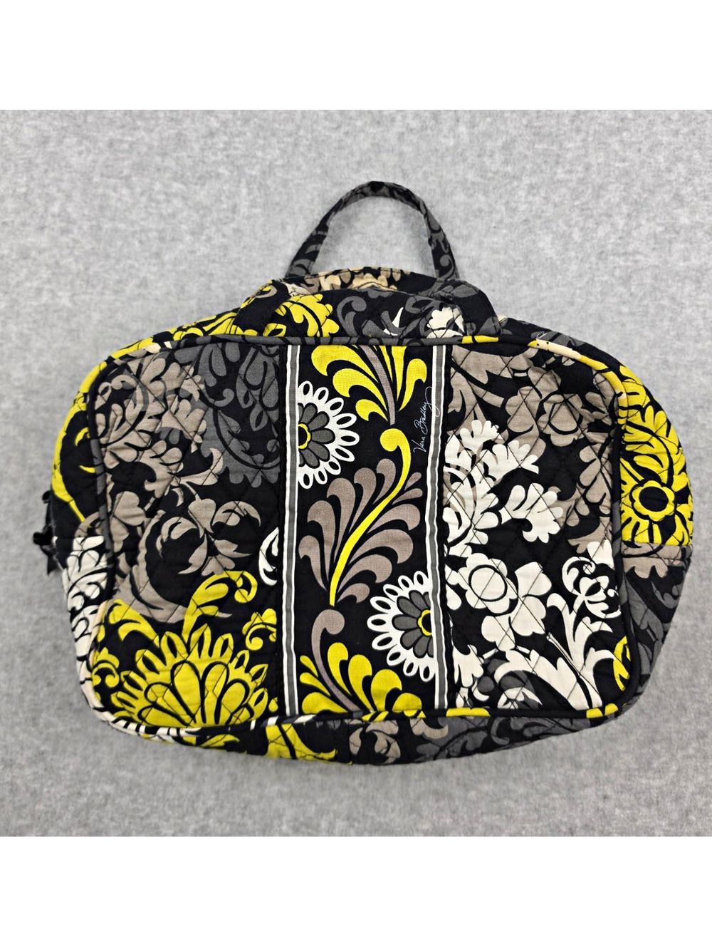 Vera Bradley Quilted Floral Makeup Bag Zip Case w/ Handle Black Yellow Gray